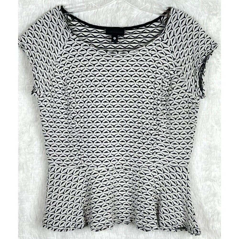 Worthington Petite Large Black White Short Sleeve Peplum Top